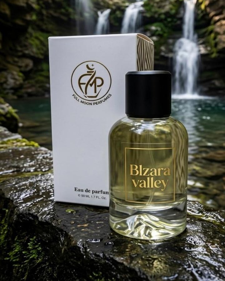 Blzara Valley eau de parfum beside a forest waterfall