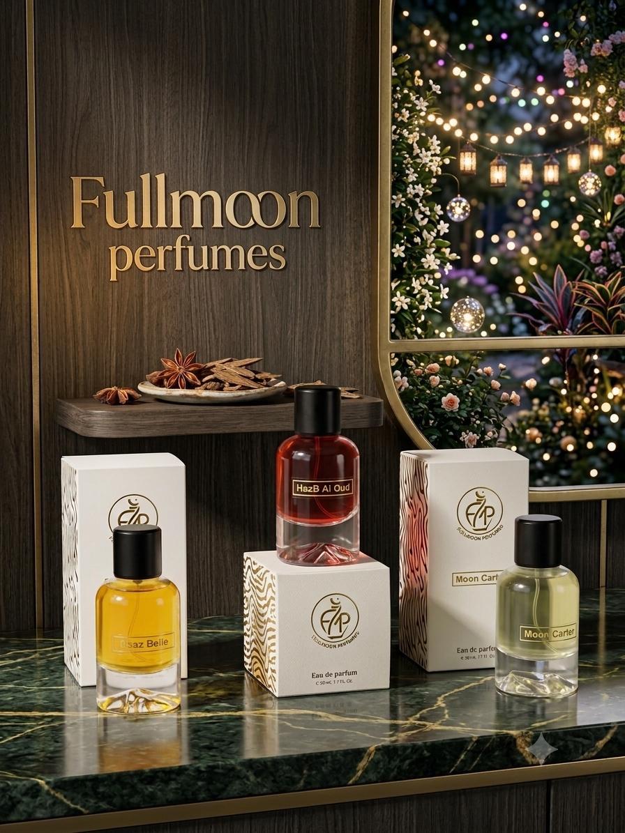 Fullmoon Perfumes collection — RaaZ Belle, HazB Al Oud and Moon Carter bottles on a marble counter