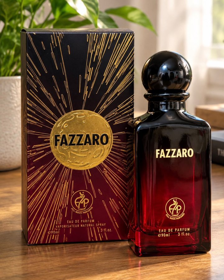 Fazzaro eau de parfum, black-to-ruby bottle beside its gold-and-black box