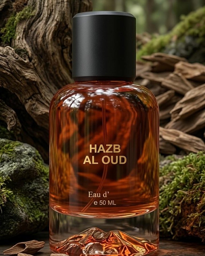HazB Al Oud eau de parfum, amber bottle among oud wood chips