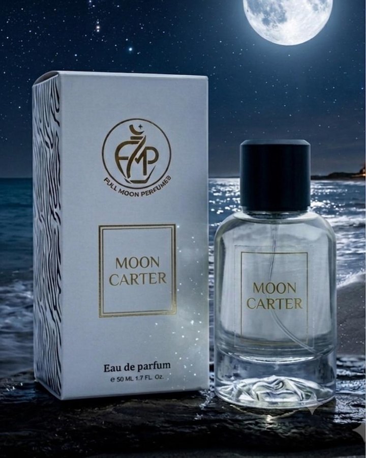 Moon Carter eau de parfum with box, under a full moon by the sea